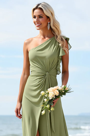 One Shoulder Chiffon Dusty Sage Bridesmaid Dress with Slit